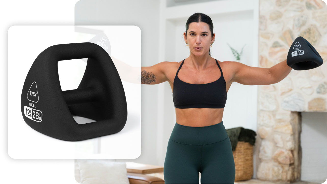 Woman exercising with YBells in a home setting.
