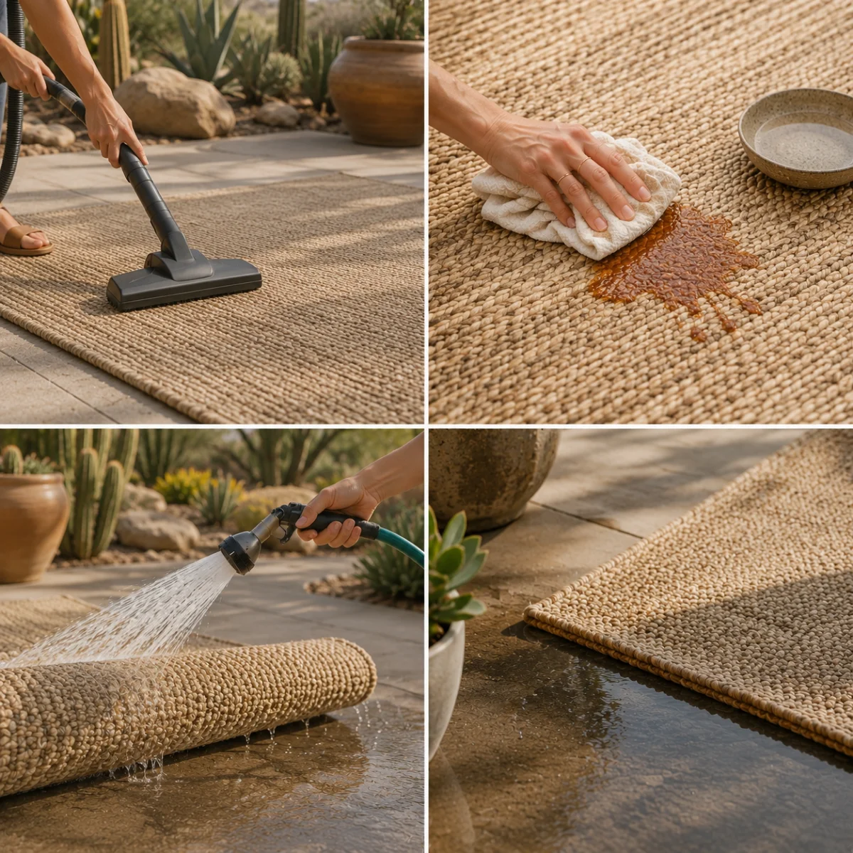 Outdoor rug care and maintenance showing vacuuming, spot cleaning, rinsing, and air drying to maintain outdoor rugs in desert climates. 
