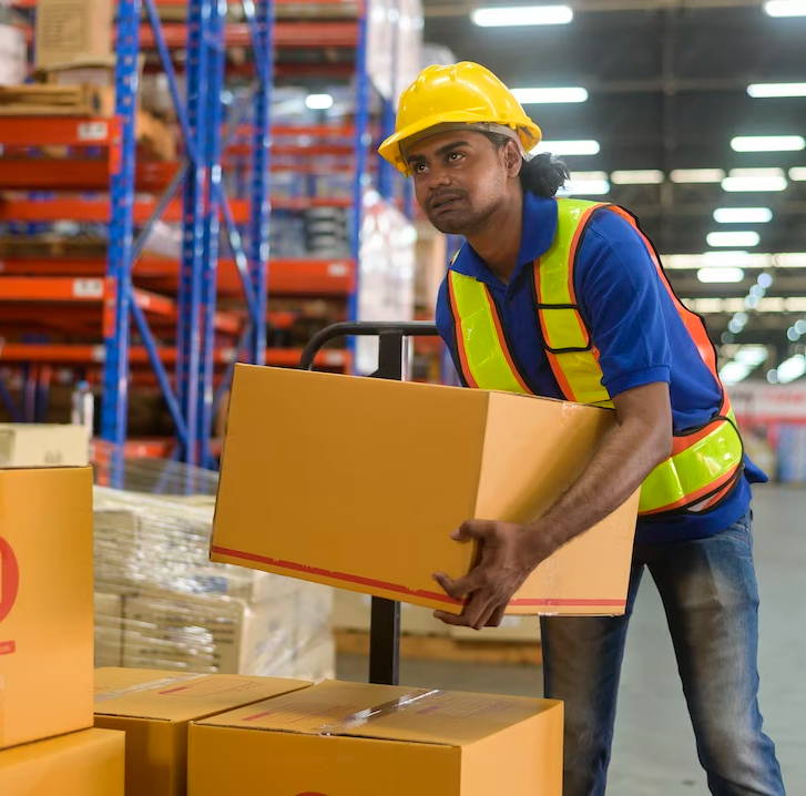 Worker Adding packages to a pallet manually