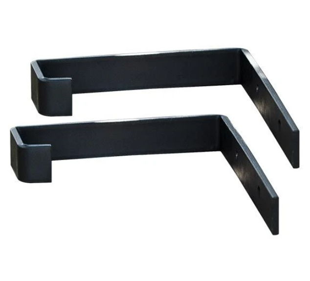 Two black metal brackets for mounting or support.