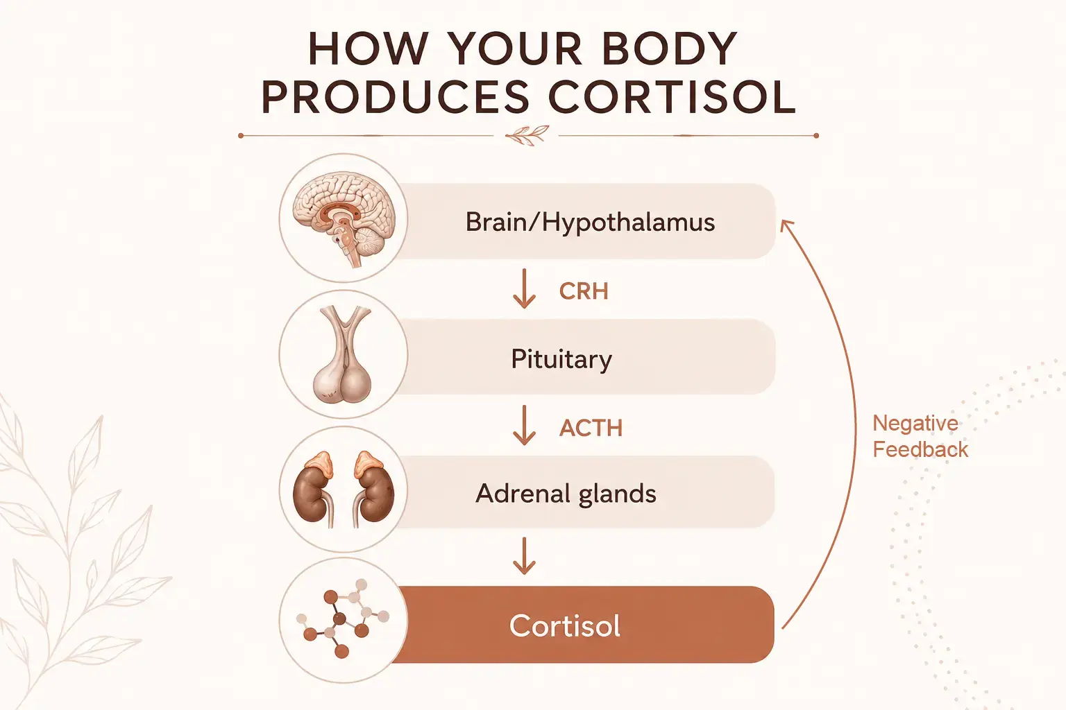 Diagram explaining the HPA axis and how the hypothalamus, pituitary gland and adrenal glands regulate cortisol.