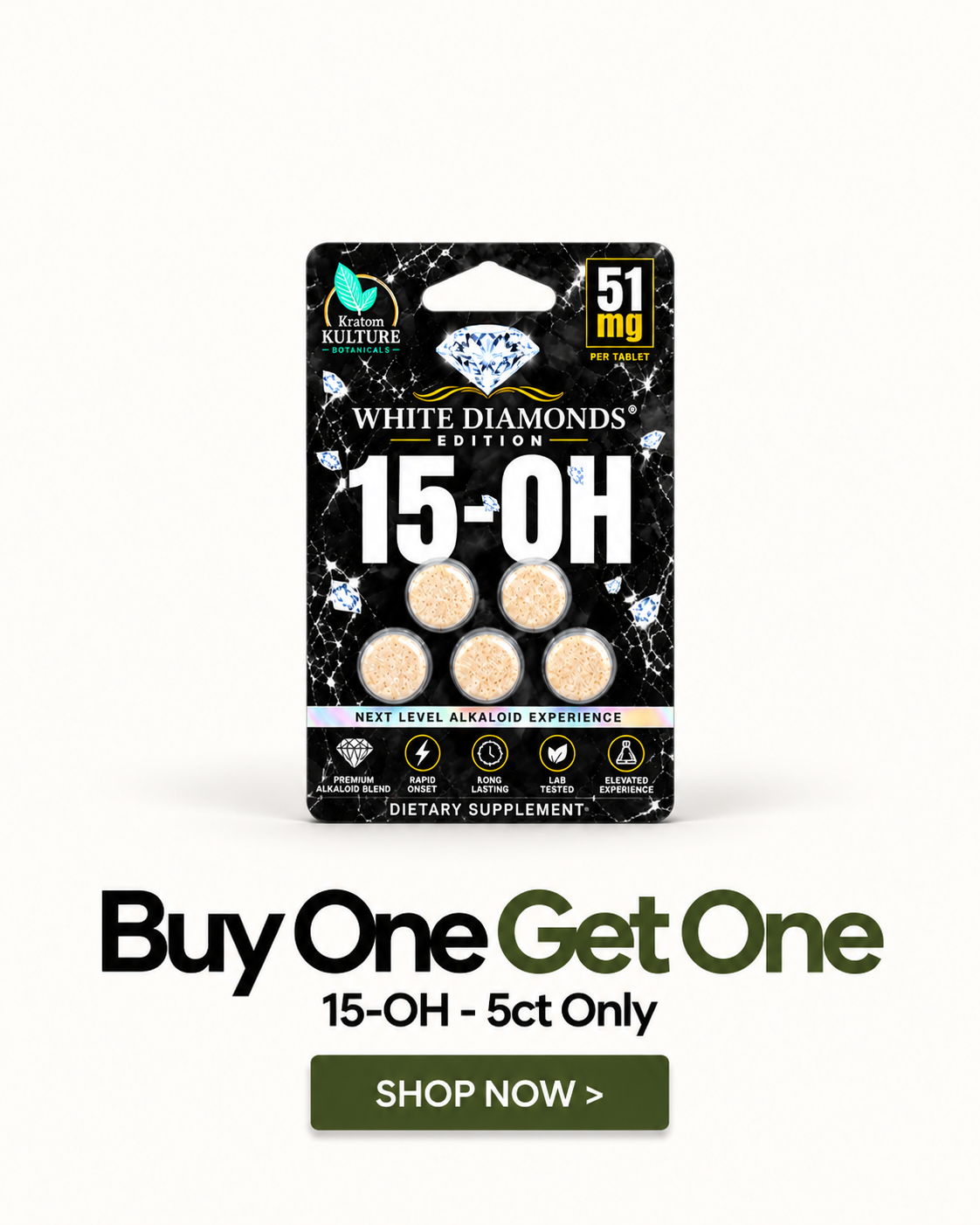 White Diamonds 15-OH product packaging with a buy one get one offer.