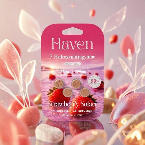 Haven hydro-mist with strawberry flavor, surrounded by pink decorative elements.