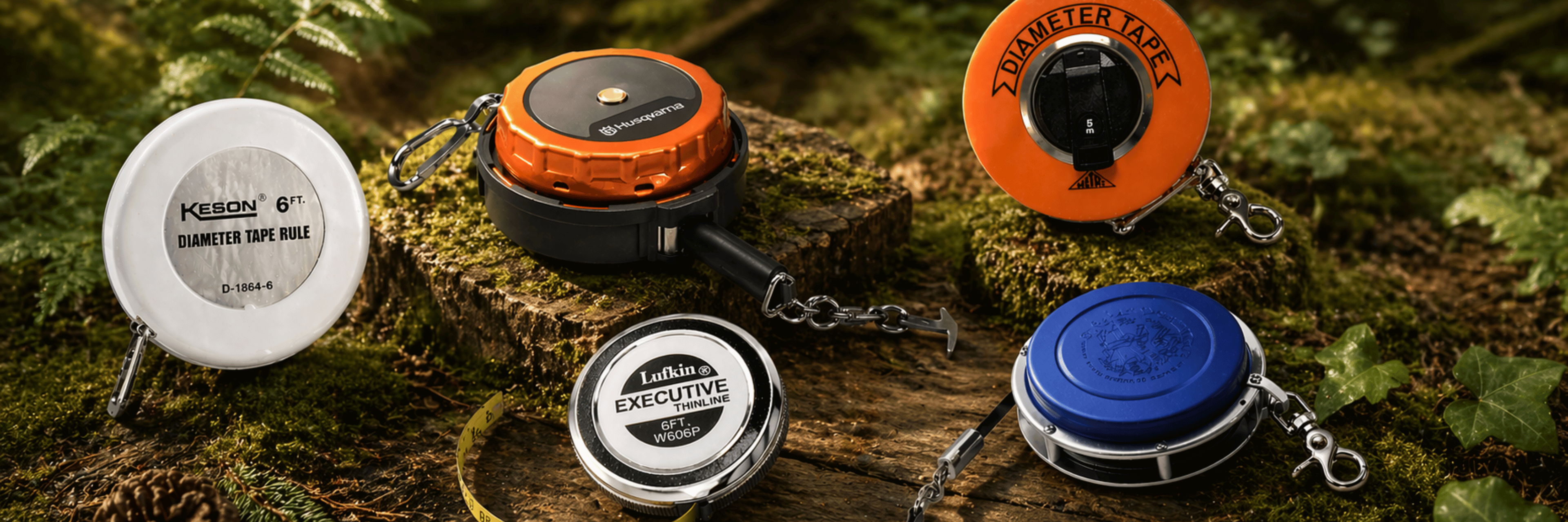 Five measuring tapes on a mossy surface surrounded by greenery.