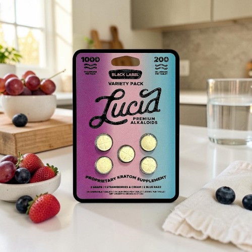 Lucid gummy pack on a table with fruit and water.