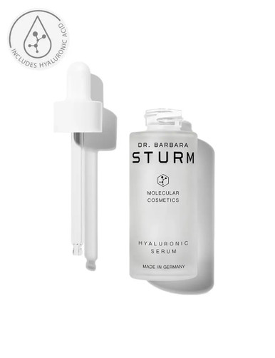 Hyaluronic serum bottle with dropper, minimalistic design, white packaging.