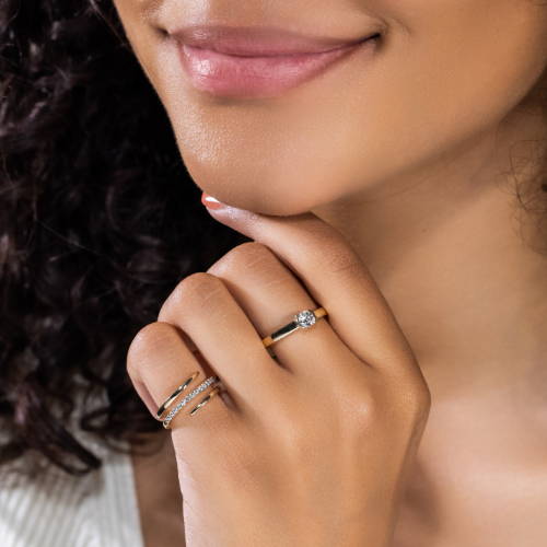 women wearing a lab grown diamond engagement ring and a diamond accented pinky ring by MiaDonna