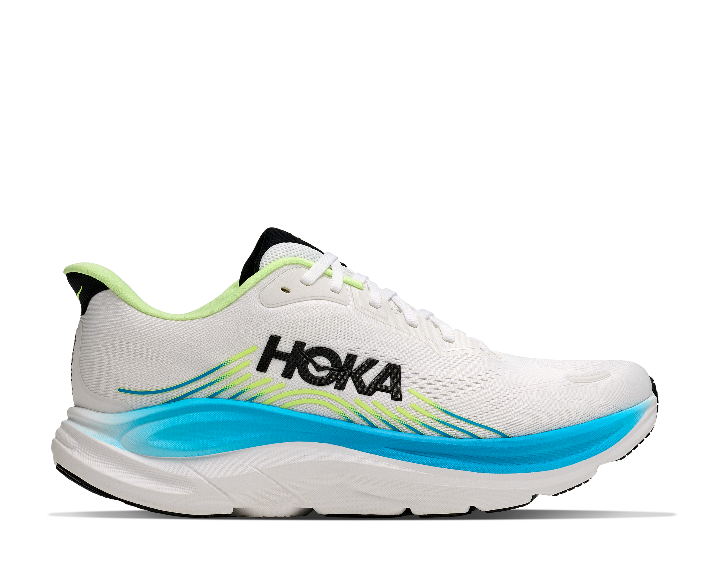 Der Hoka Clifton 11 in der Farbe Frost/Black in seitlicher Ansicht.