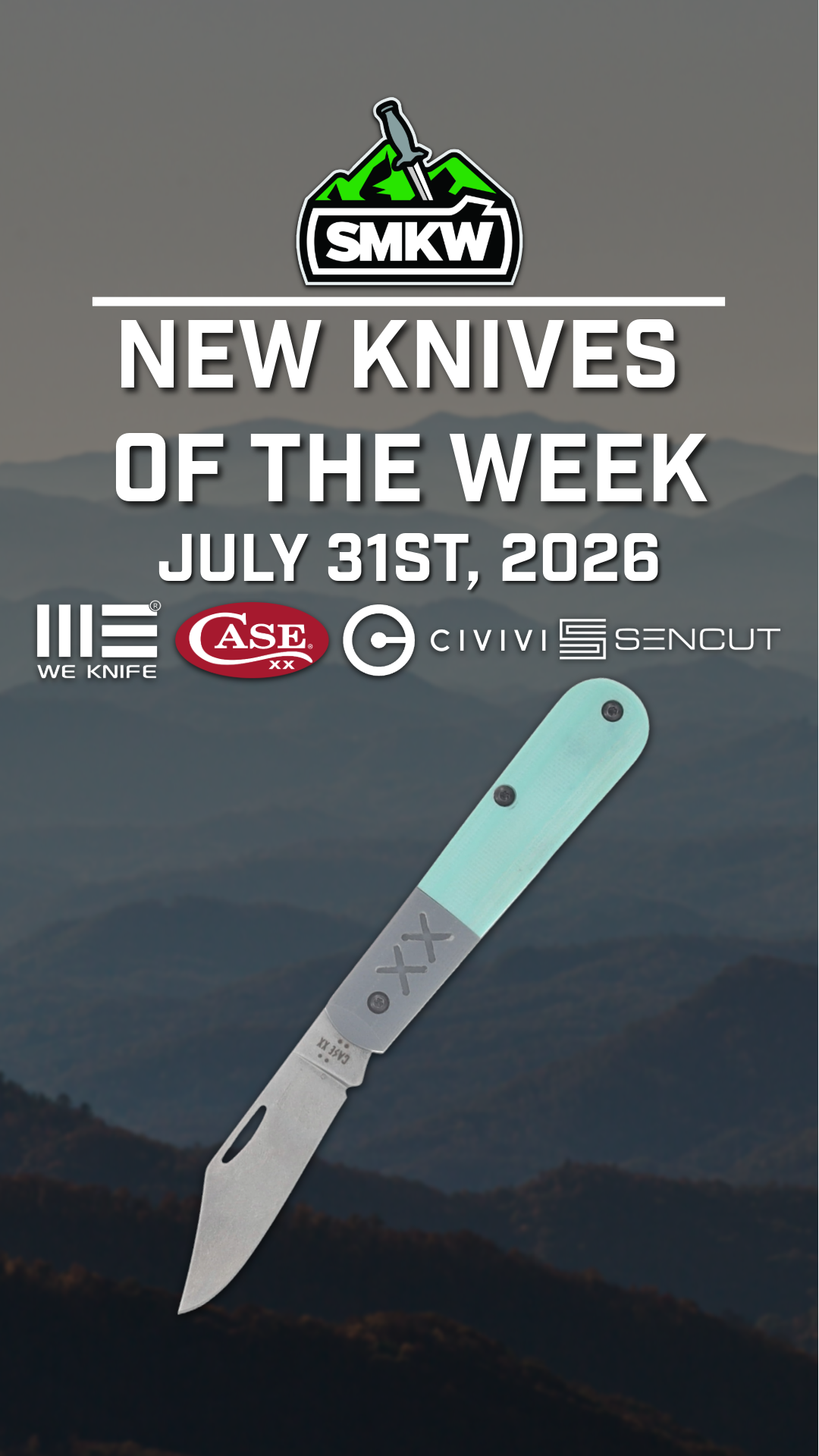 Promotional image for new knives, featuring brands and release date.