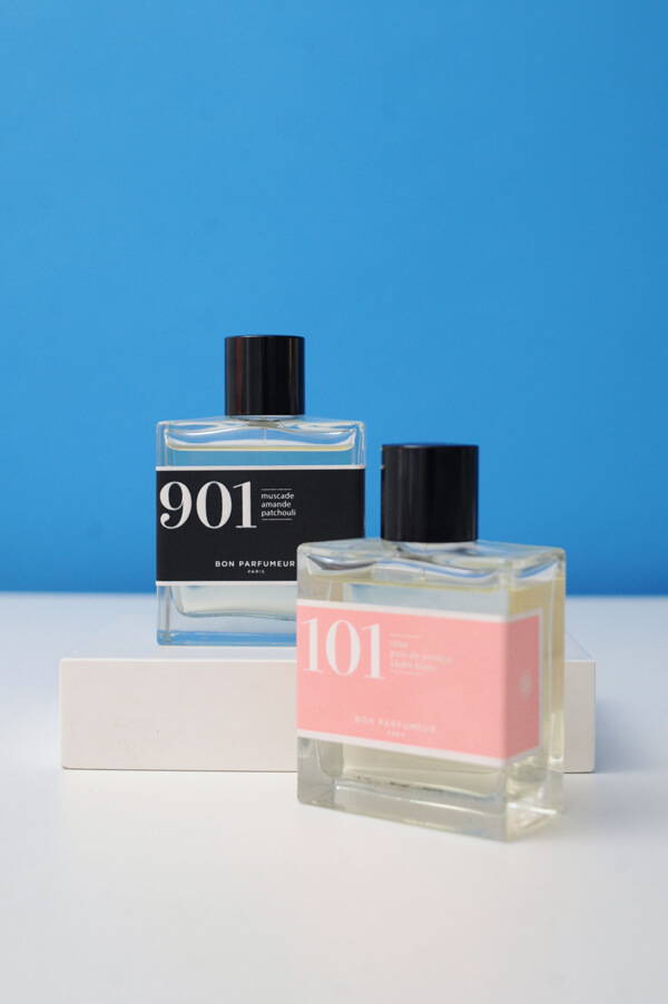 A styled image of 901 and 101 Bon Parfumeur Eau de Parfums.