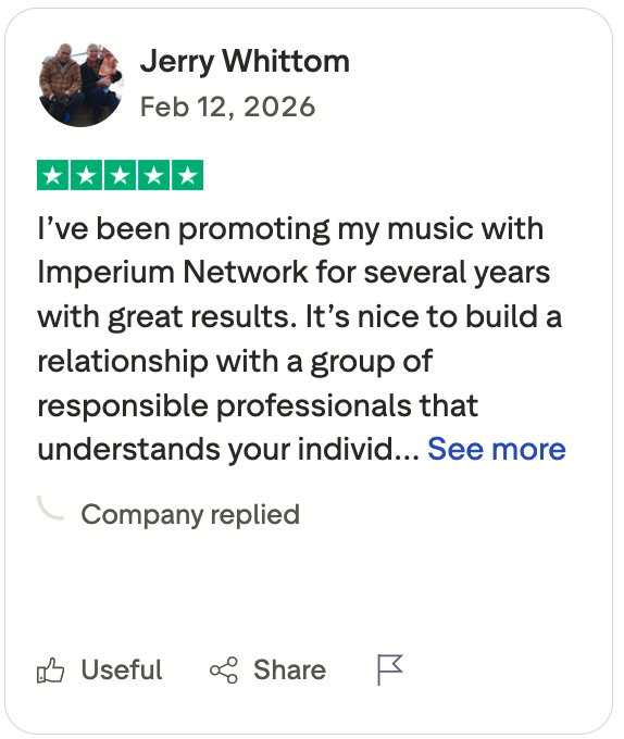 Review by Jerry Whittom praising Imperium Network for music promotion.