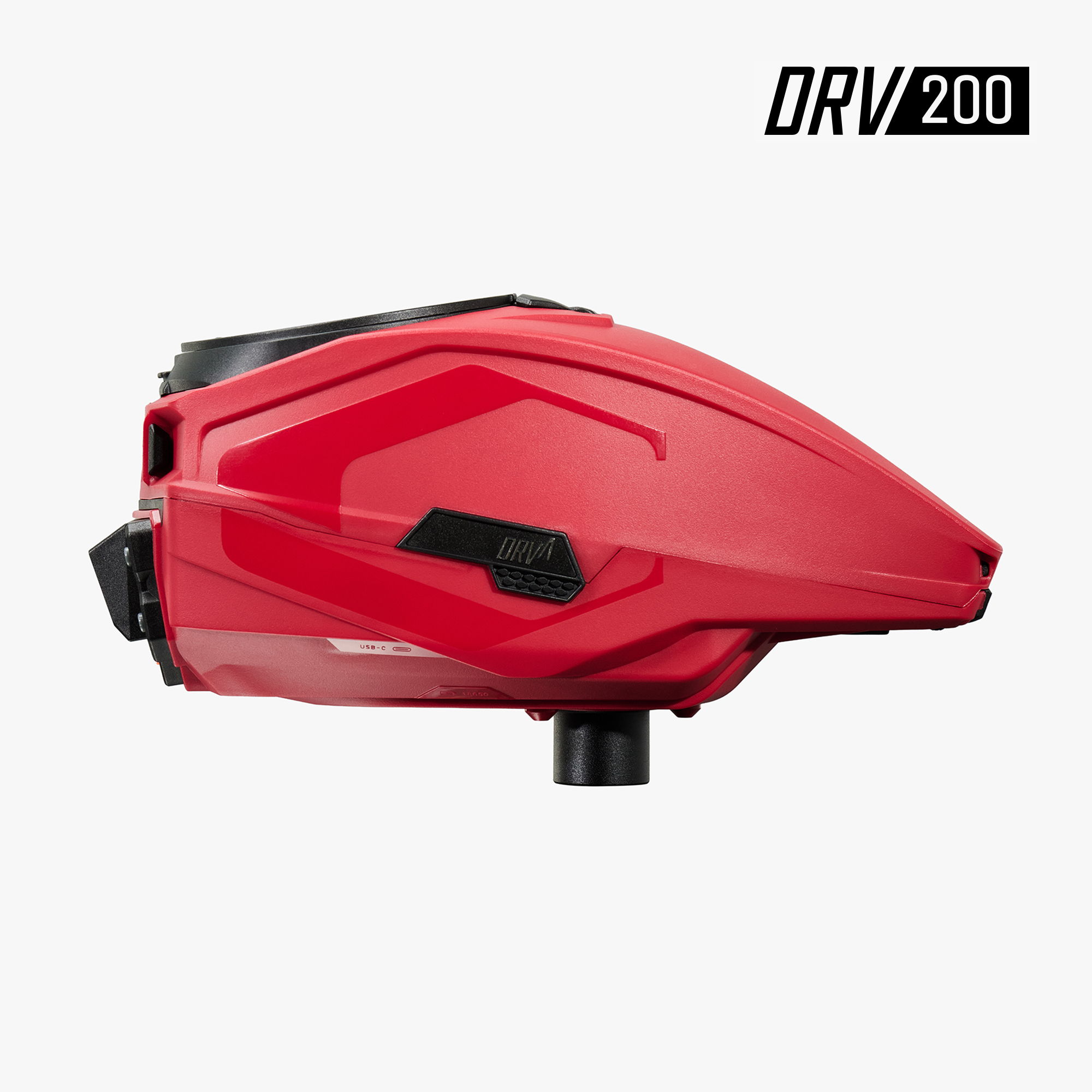 Red paintball loader with a sleek design, labeled DRV 200.