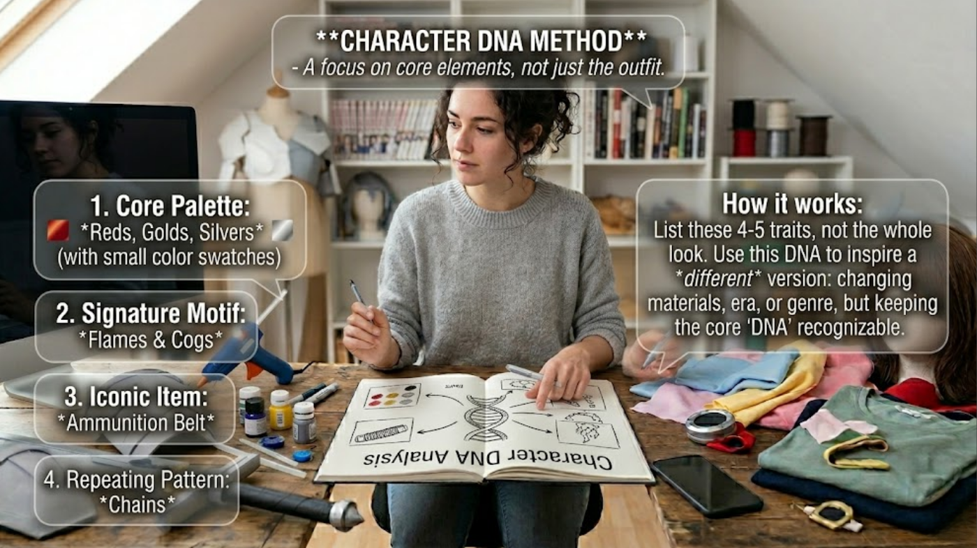 Person planning cosplay using the character DNA method to break down key visual traits for inspiration and design