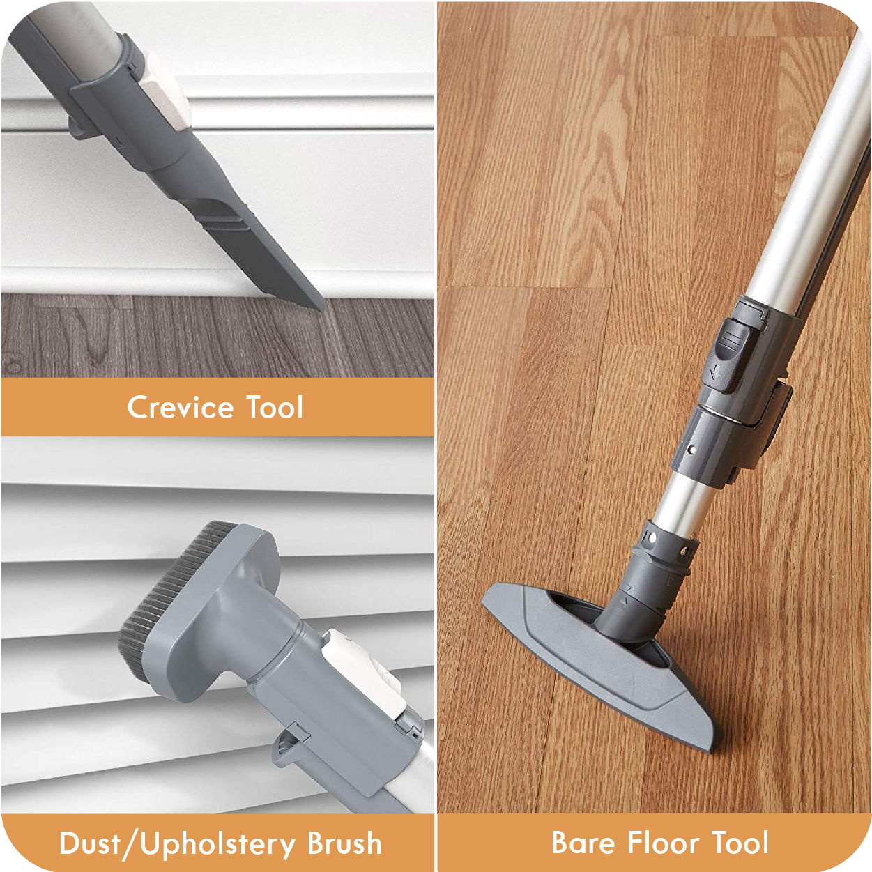 Vacuum cleaner attachments: crevice tool, dust/upholstery brush, bare floor tool.