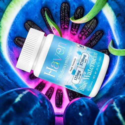 Bottle of blue watermelon supplement surrounded by colorful fruit background.