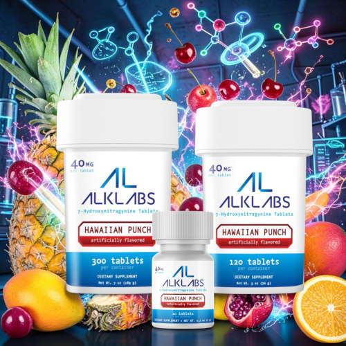 AlkLabs dietary supplements with fruit background and vibrant graphics.