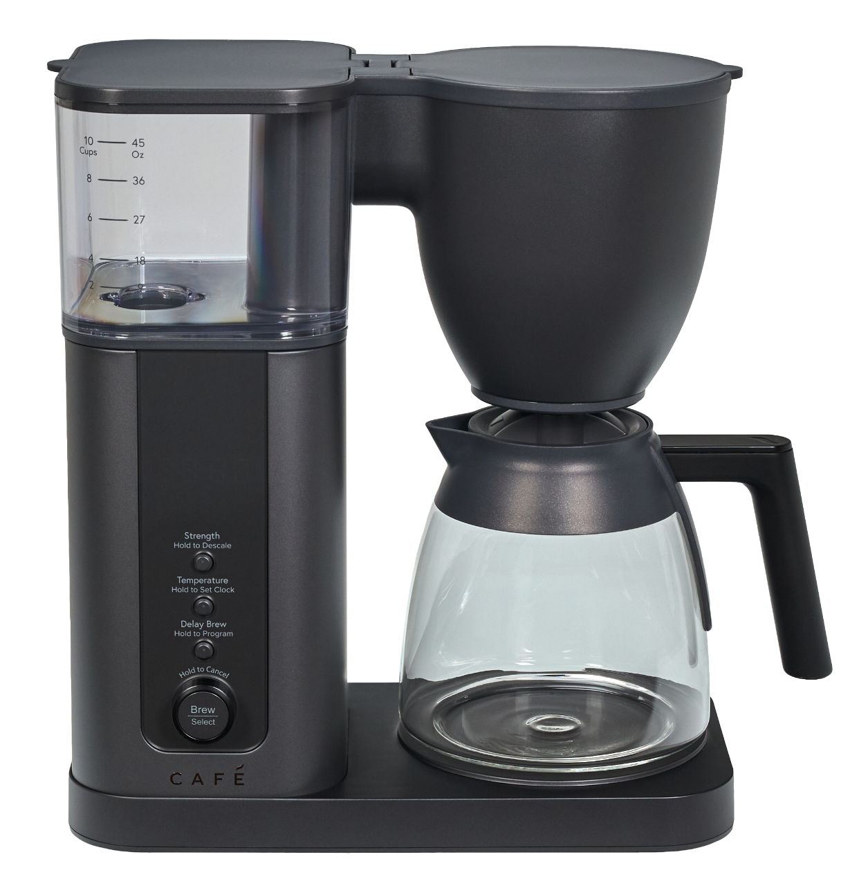 A black coffee maker with a glass carafe and water reservoir.