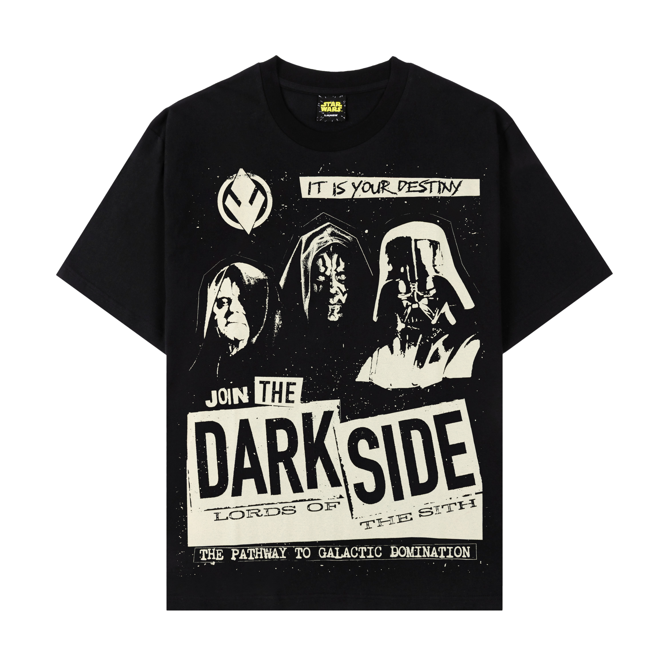 Black t-shirt featuring Star Wars characters and 