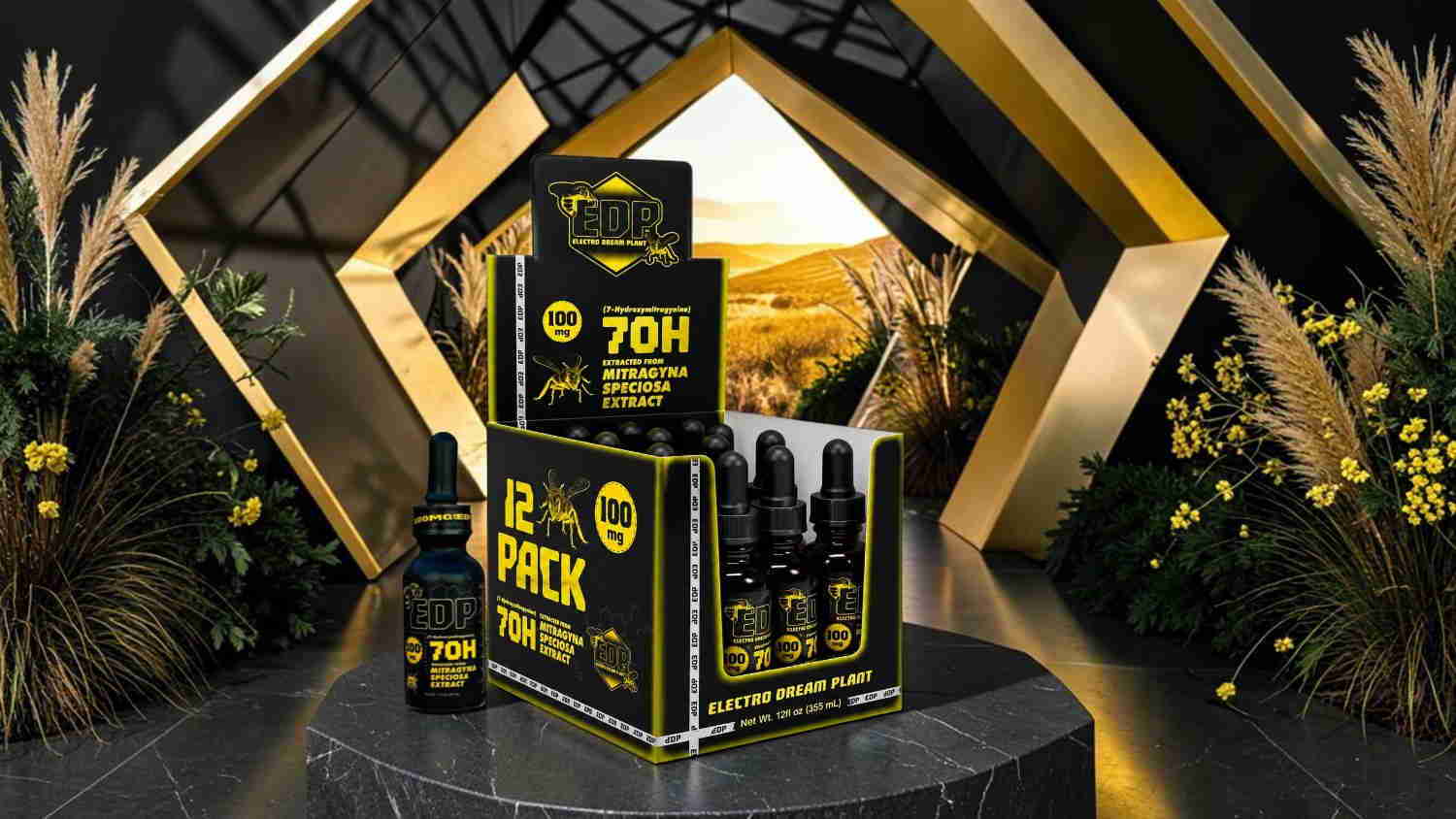 A display of a 12-pack beverage on a decorative pedestal.