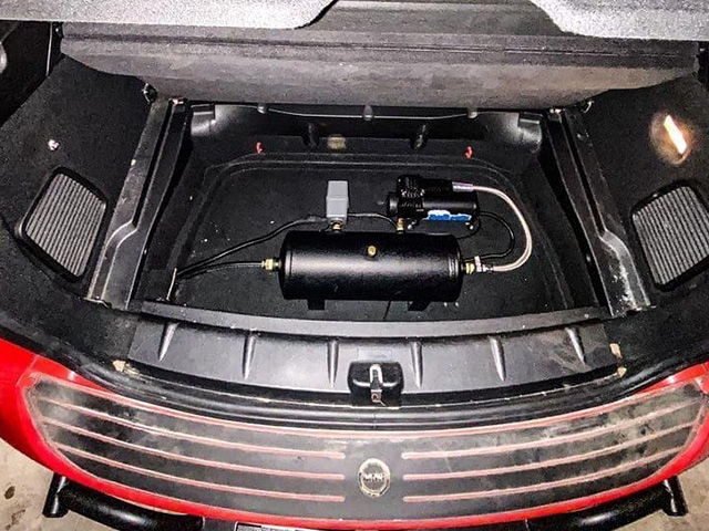 Conductor’s Special 2HB Train Horn Kit installed on a 2011 Mini Cooper Countryman with Shocker XL horns and hidden 2-gallon air system