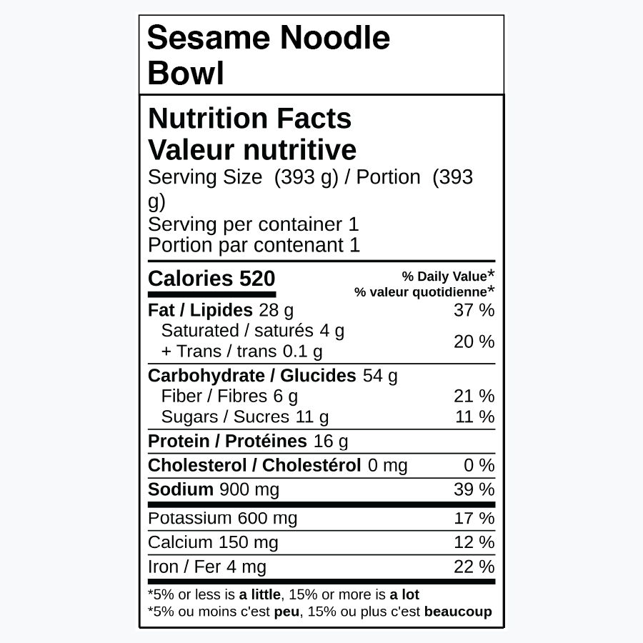 Nutrition facts for Sesame Noodle Bowl, including calories and nutrient breakdown.
