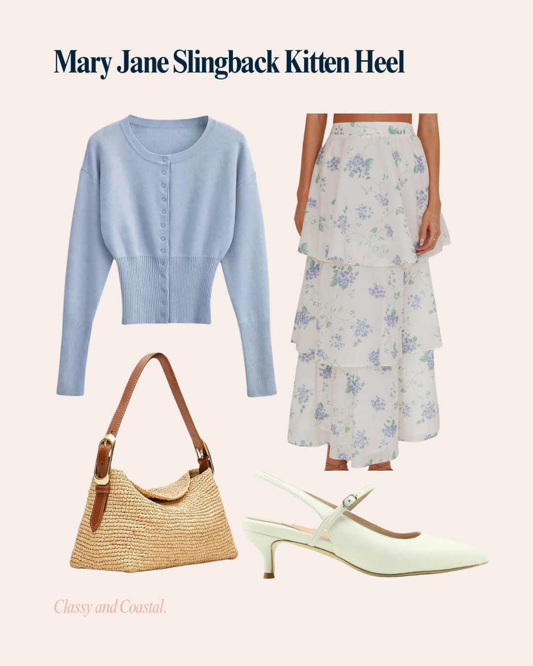 Fashion items including a sweater, skirt, handbag, and heels.
