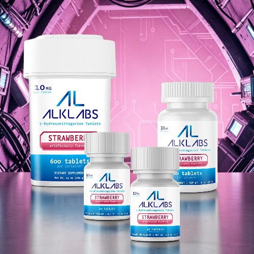 Four supplement bottles against a futuristic pink background.