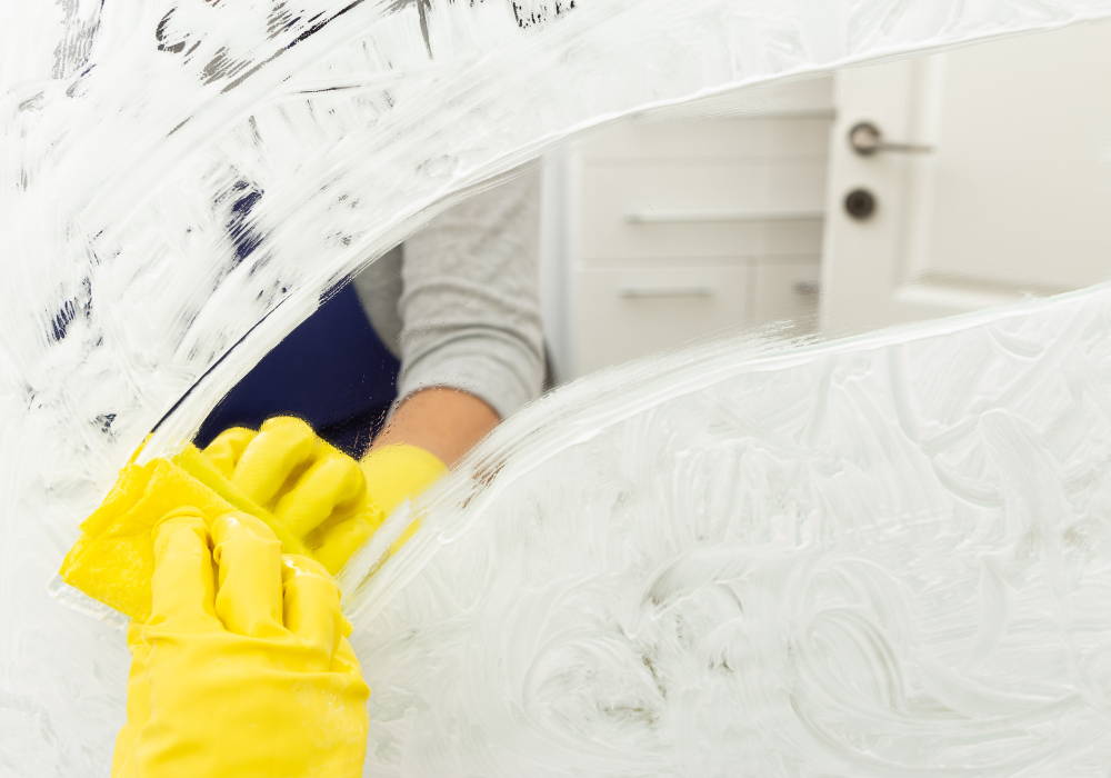 hand in yellow glove cleaning soapy mirror using yellow cloth