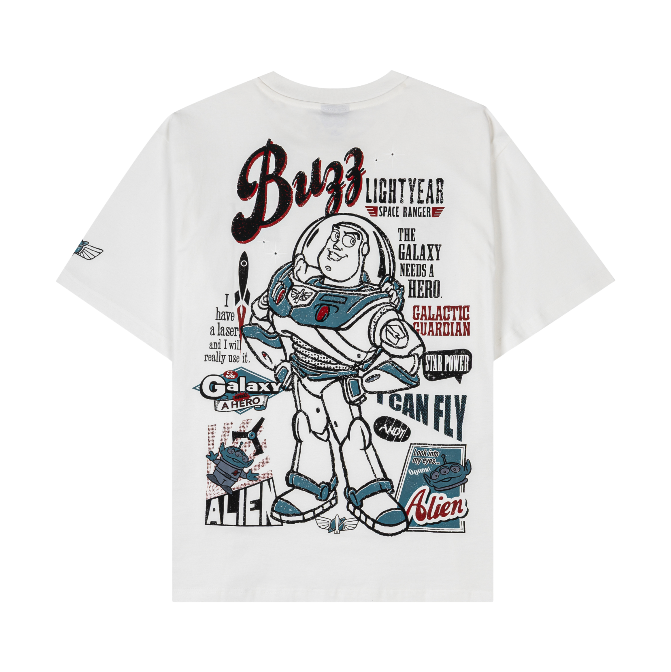 White t-shirt featuring Toy Story graphics and patches.