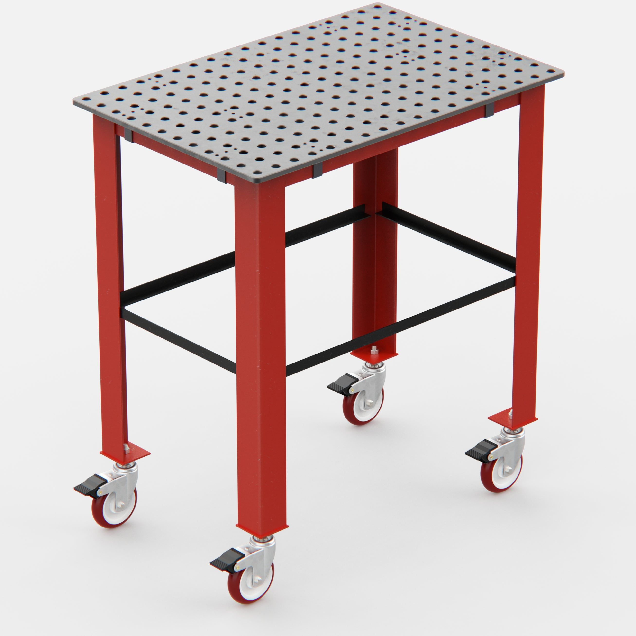 Red workbench with a perforated top and wheels for mobility.