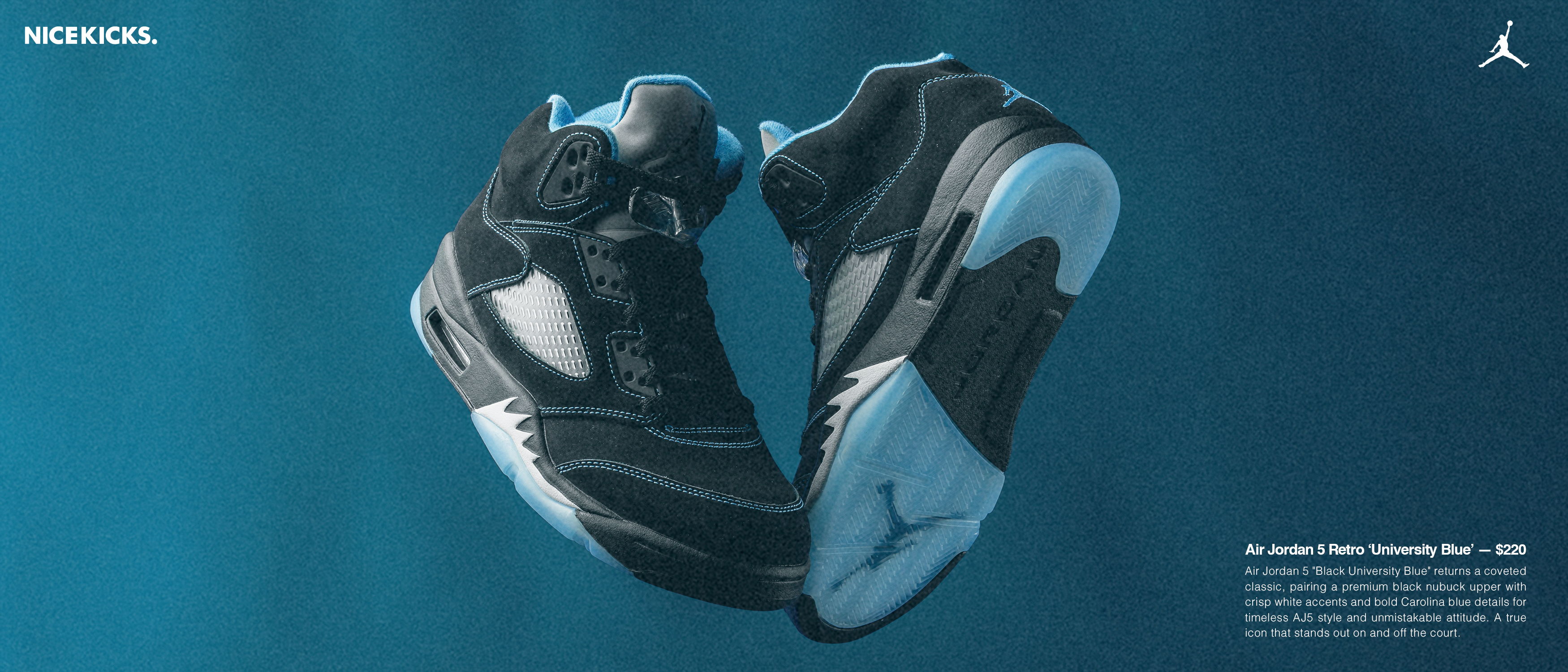 Black and blue sneakers displayed against a blue background.