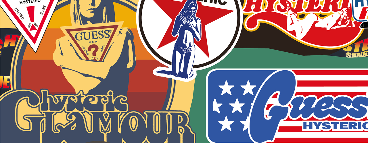 GUESS JEANS X HYSTERIC GLAMOUR collage of various vintage brand logos and designs.