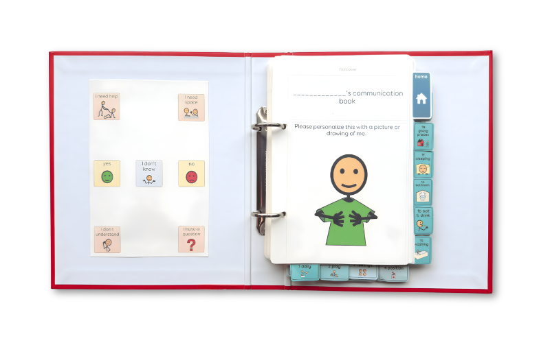 A binder with communication symbols and a cartoon character illustration.