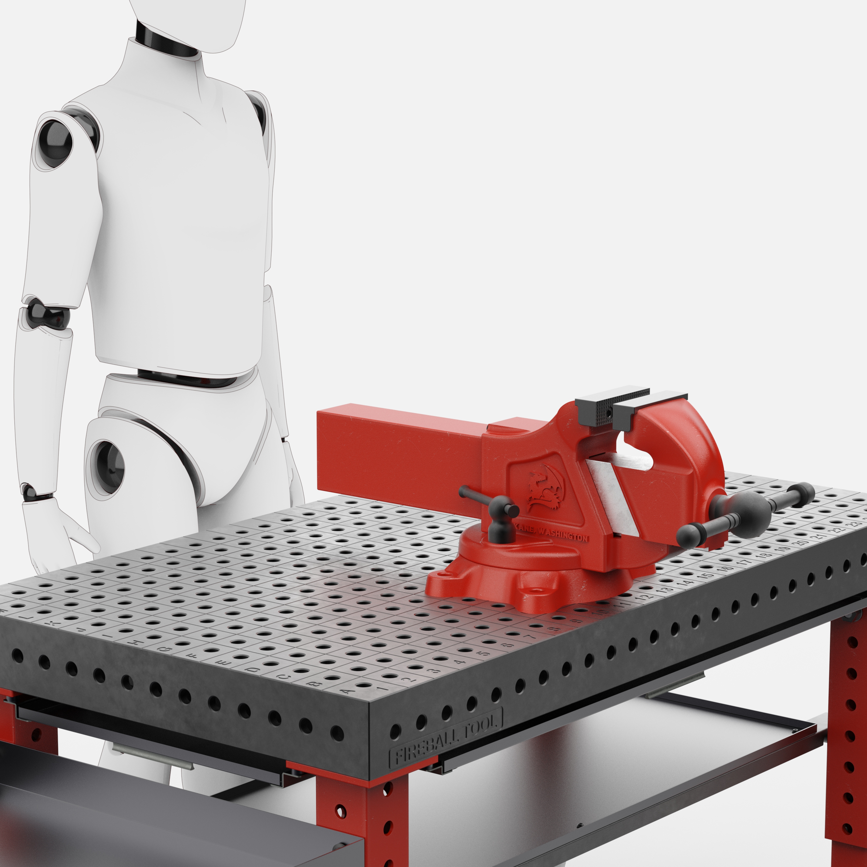 Red bench vise with adjustable jaws and a sturdy base.