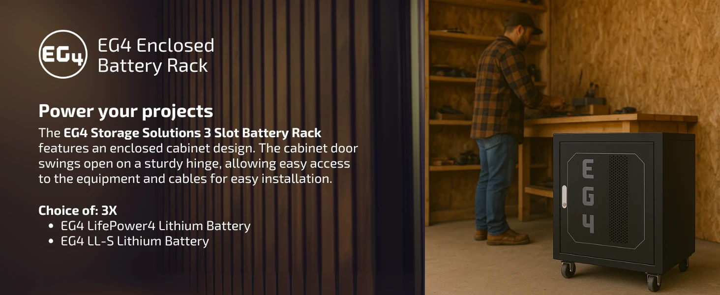 Man next to an enclosed battery pack in a workshop setting.