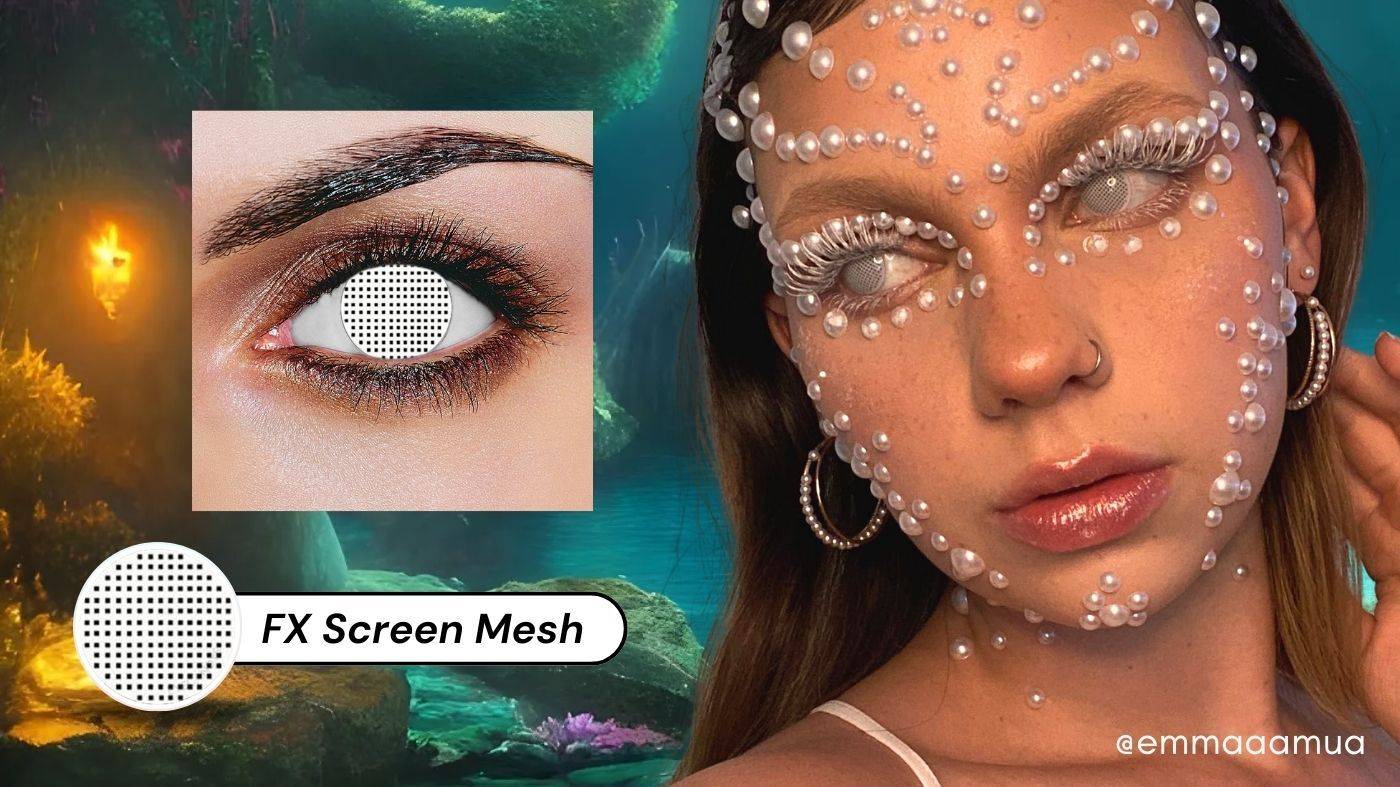 Model cosplaying a mermaid with pearls on her face with white eyelashes and wearing a screen mesh colored contacts next to a cutout of the copslay contact lens screen mesh pattern ring on a white background