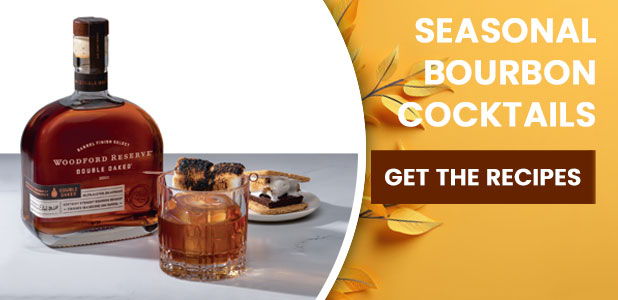 Bottle of bourbon with a glass and snacks, promoting cocktail recipes.