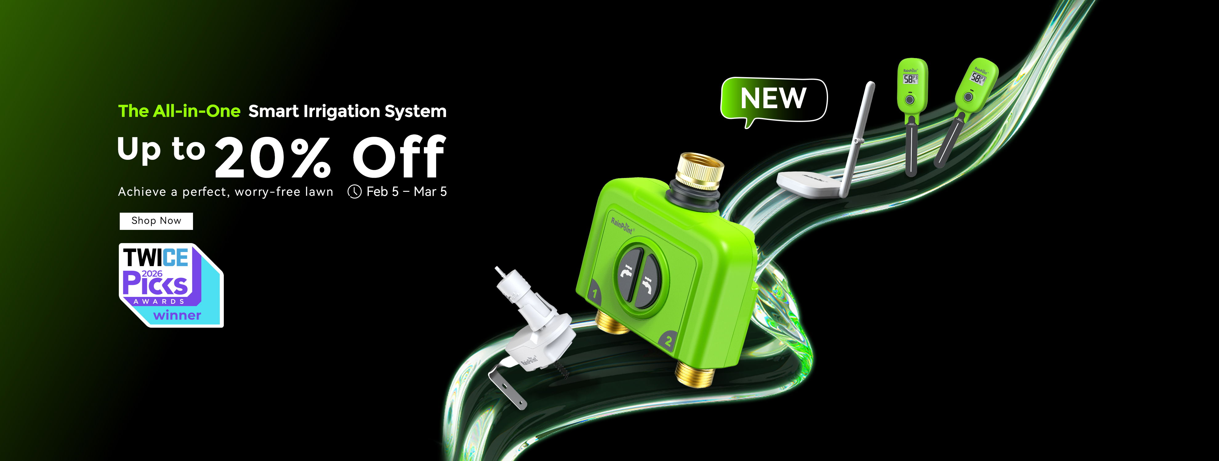 Promotional banner for smart irrigation systems with up to 20% off.