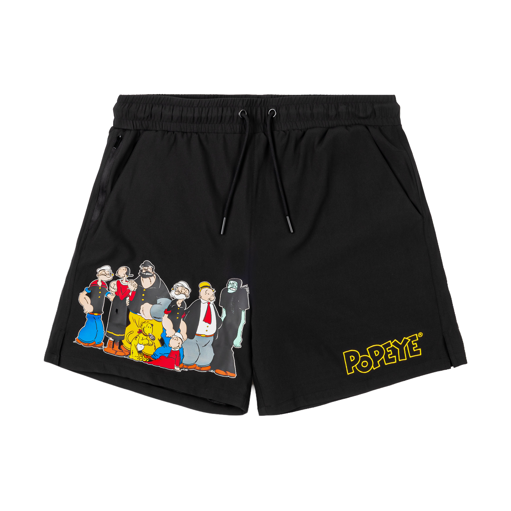 Black shorts featuring cartoon characters and 