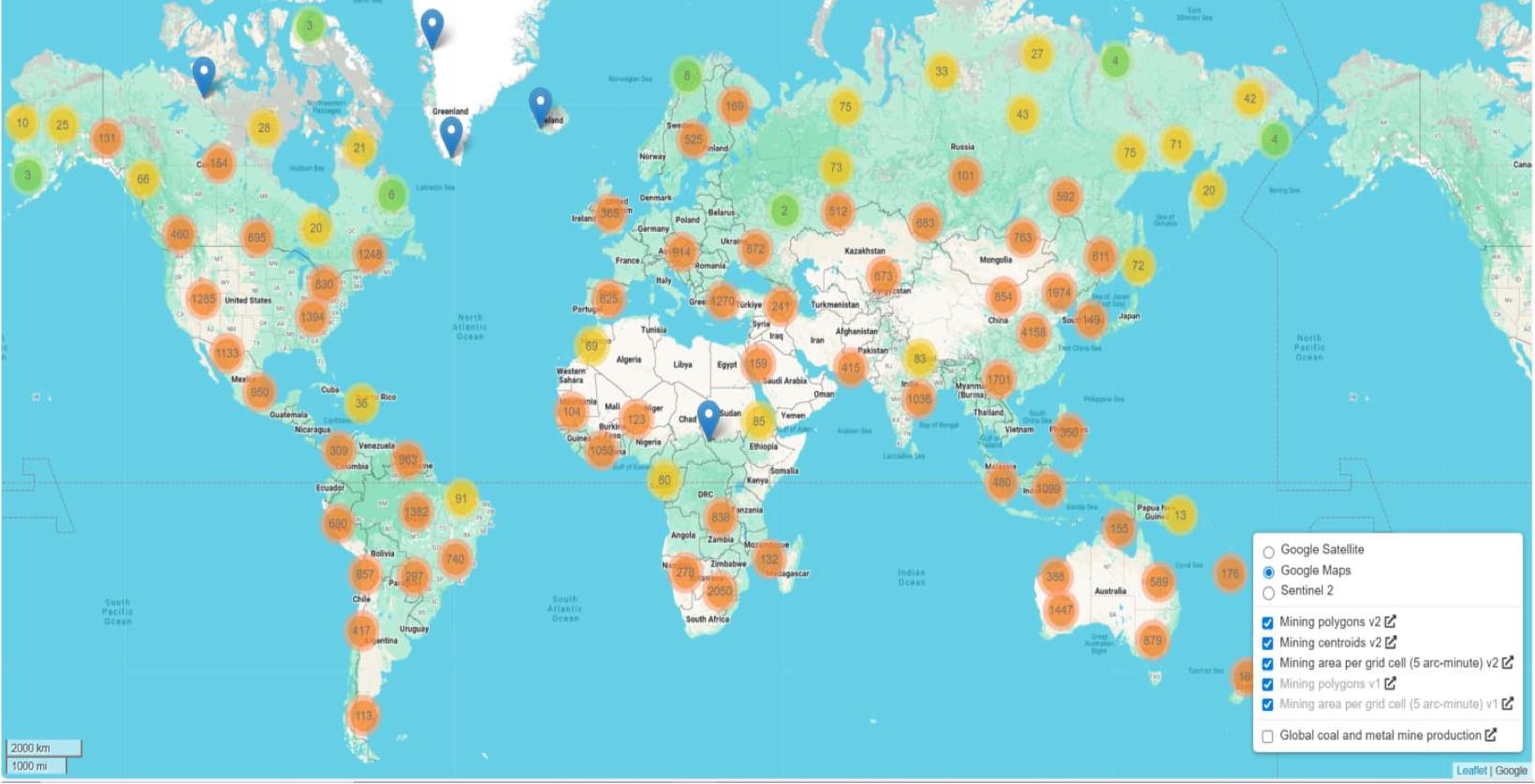Global map showing the geographic distribution of mining operations