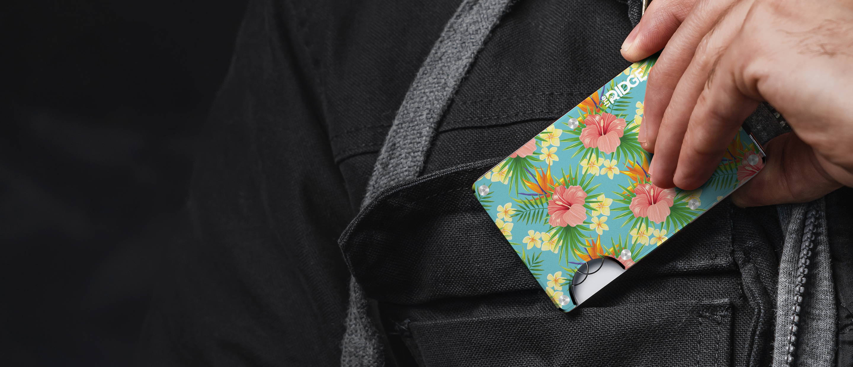 Tropical Ridge wallet on a man's chest pocket