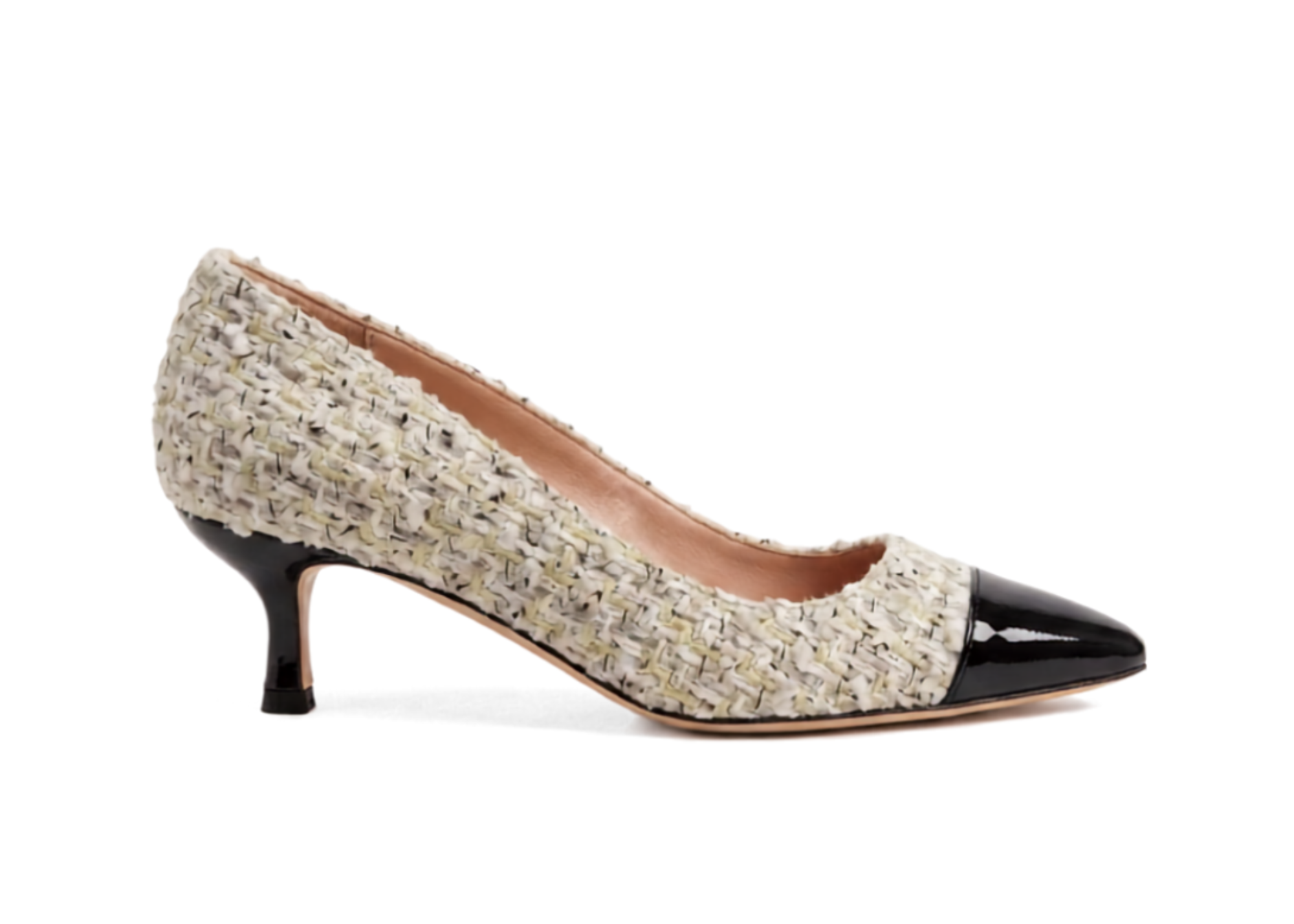 A stylish beige and black high-heeled shoe with a pointed toe.