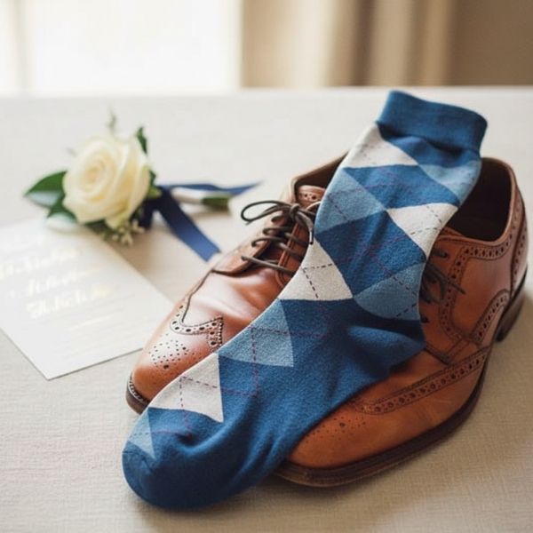 Dusty blue argyle socks on top of brown groomsmen shoes