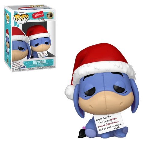 Eeyore in a Santa hat with a gift box.