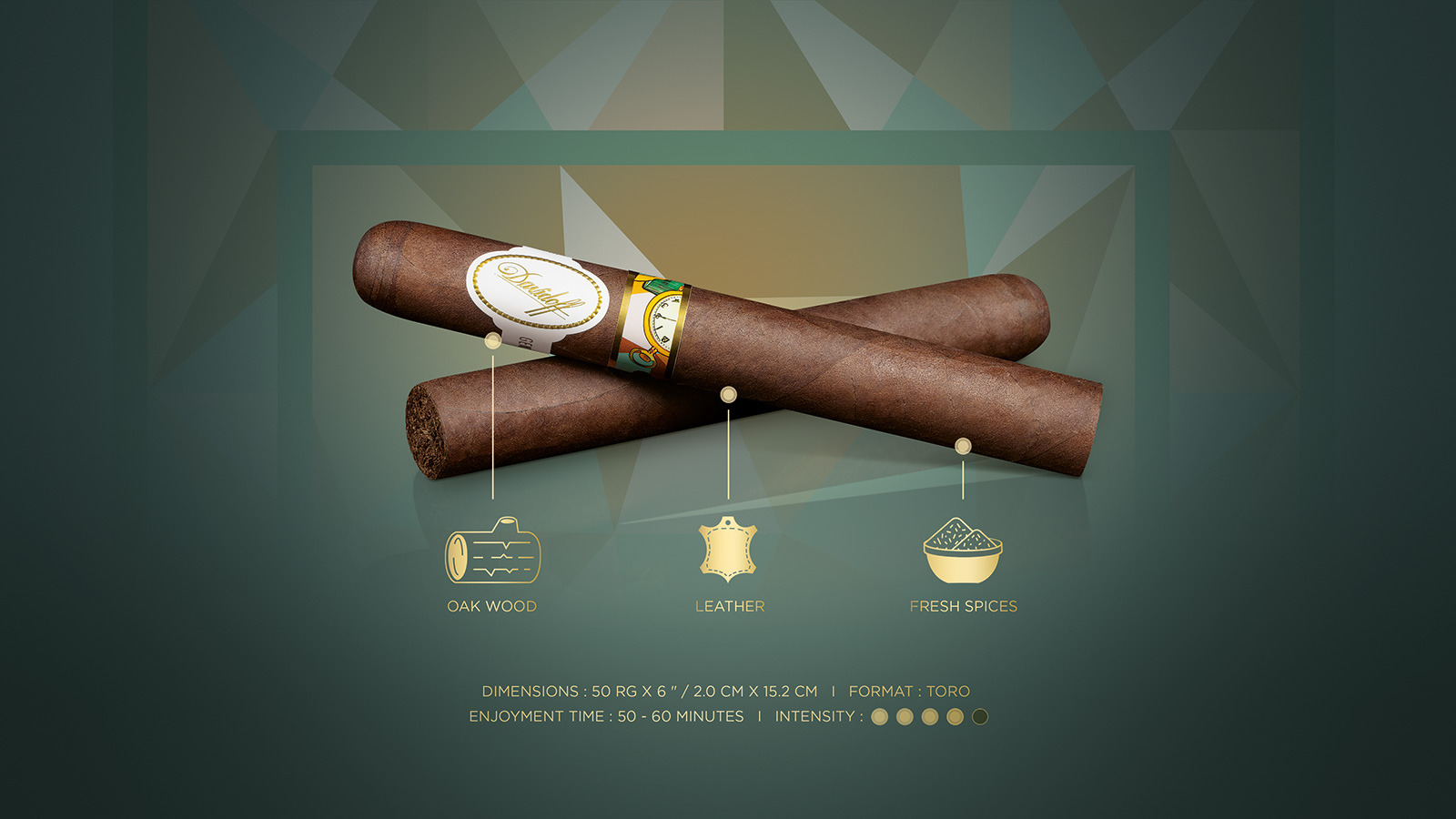 Two toro cigars which come with the Davidoff & Boyarde Masterpiece Humidor Geometrically Speaking with blend details displayed, such as main aromas, enjoyment time and intensity.