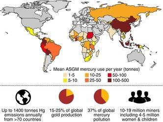 a detailed map showing the amount of mercury use per year around the world