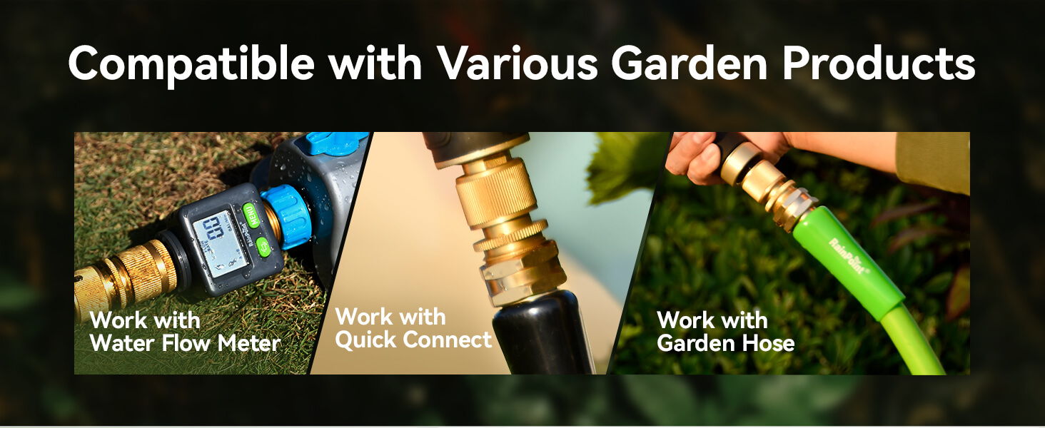 Image showcasing compatibility with various garden products and hoses.