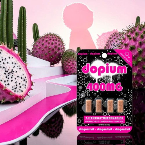 Dopium 400mg packaging with cacti and pink background.