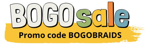 colorful hand-drawn text: BOGO sale Promo code BOGOBRAIDS