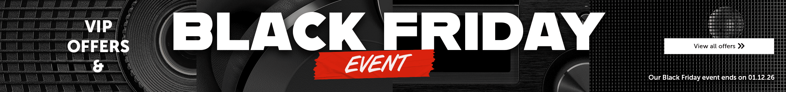 Black Friday sale banner with bold text and promotional design elements.